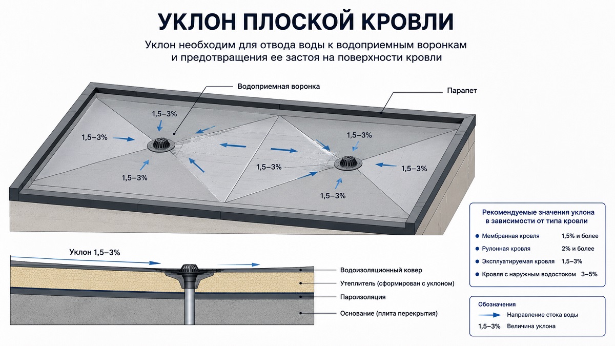 Уклон плоской кровли схема - фото
